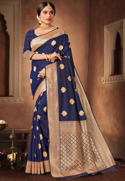Navy blue saree with golden blouse store