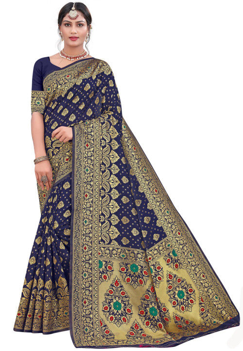 Woven Art Silk Saree in Navy Blue