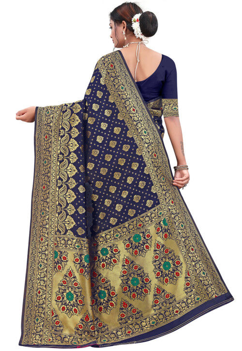 Woven Art Silk Saree in Navy Blue