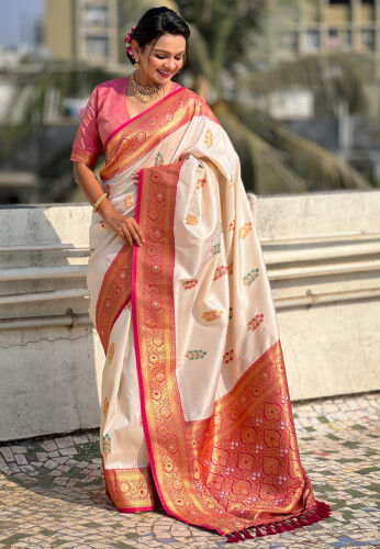Woven Art Silk Saree in Off White