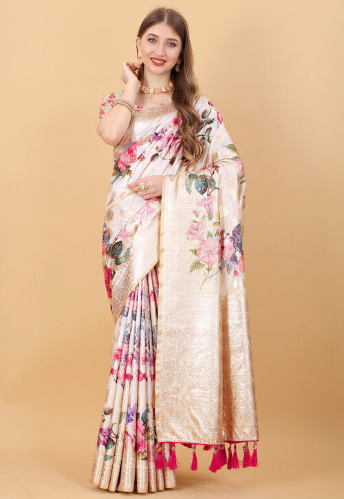 Woven Art Silk Saree in Off White