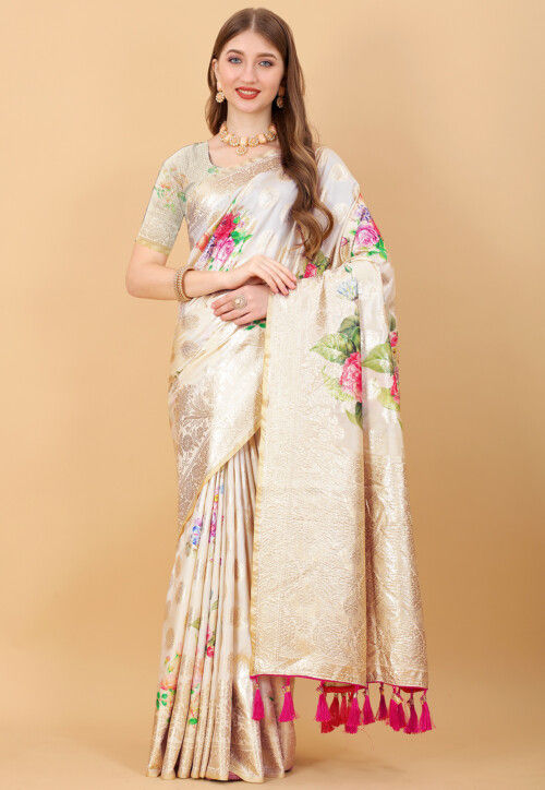 Woven Art Silk Saree in Off White