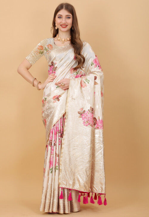 Woven Art Silk Saree in Off White
