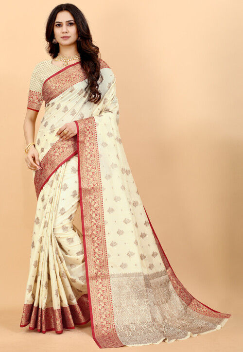 Woven Art Silk Saree in Off White