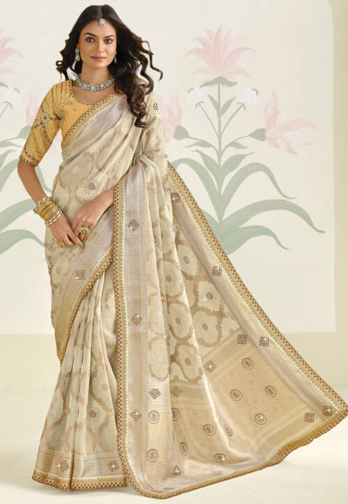 Woven Art Silk Saree in Off White