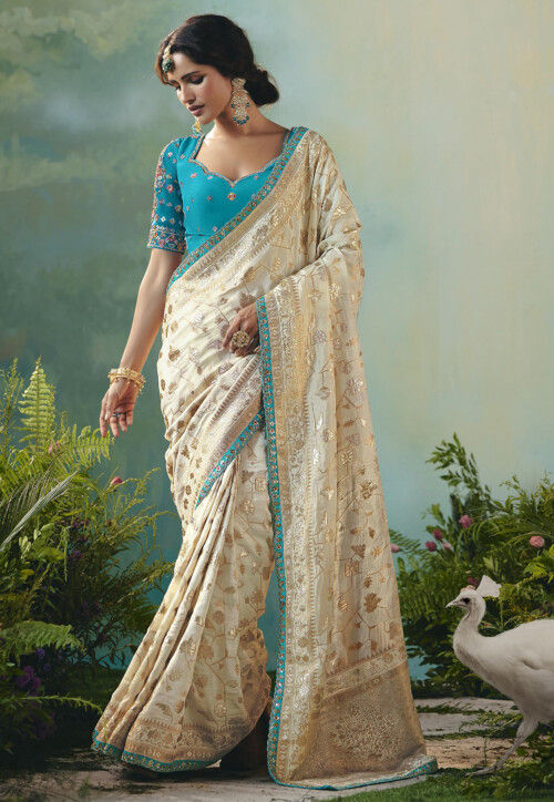 Woven Art Silk Scalloped Saree in Off White