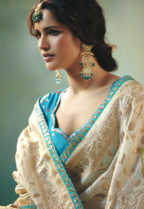 Woven Art Silk Scalloped Saree in Off White