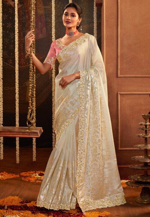 Woven Art Silk Saree in Off White