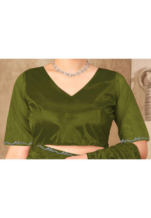 Woven Art Silk Saree in Olive Green