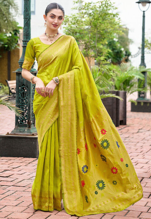 Woven Art Silk Saree in Olive Green