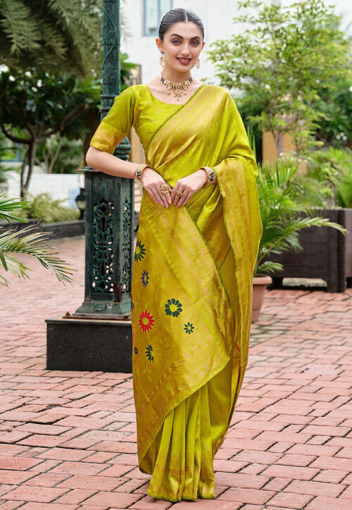 Woven Art Silk Saree in Olive Green