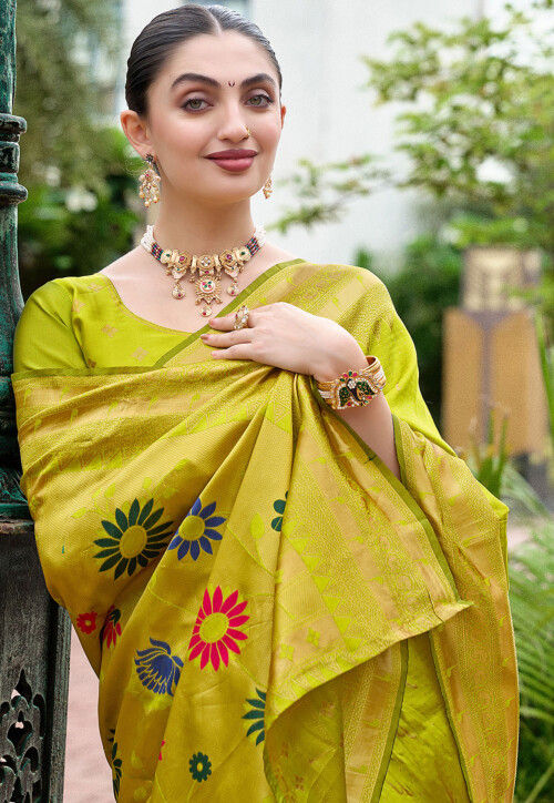 Woven Art Silk Saree in Olive Green