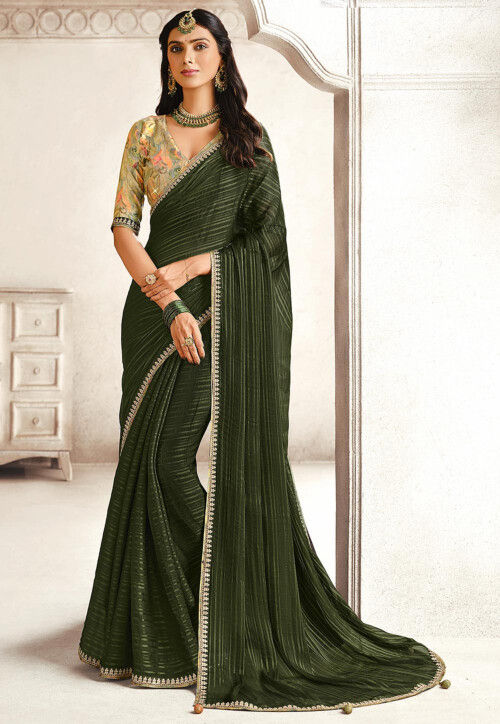 Woven Art Silk Saree in Olive Green
