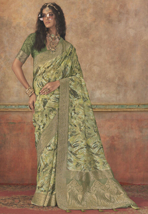 Woven Art Silk Saree in Olive Green