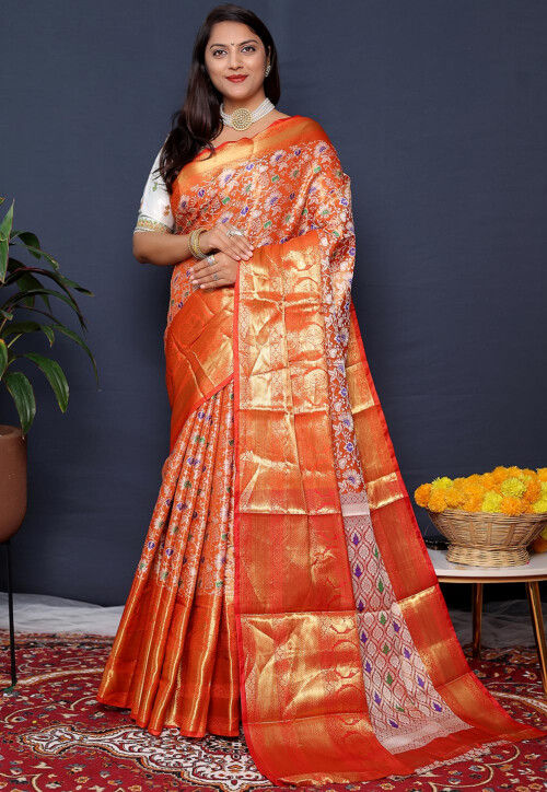 Orange Murshidabad Silk Saree | Get Flat 10% Discount - Buy Now