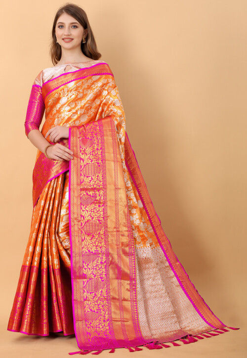 Woven Art Silk Saree in Orange