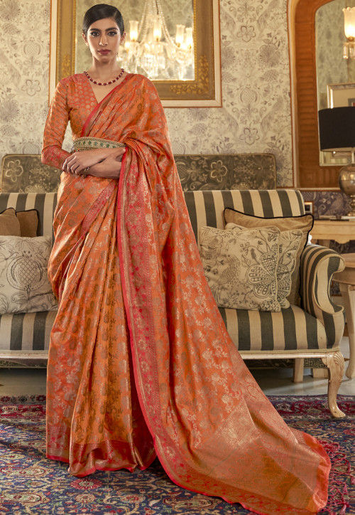 Papaya Orange Woven Patola Silk Saree - Clothsvilla