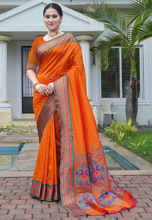 Woven Art Silk Saree in Orange