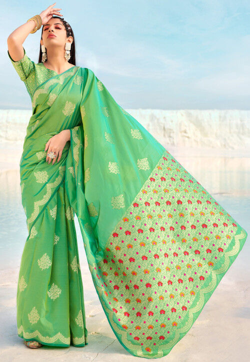 Hand Embroidered Net Saree in Pastel Green : SPTA12810