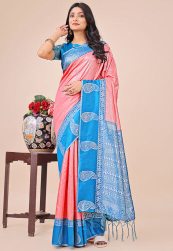 Woven Art Silk Saree in Peach