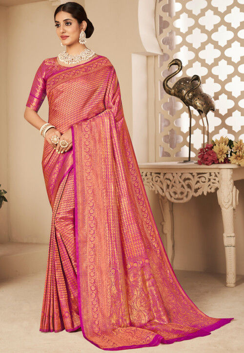 Woven Art Silk Saree in Pink and Golden