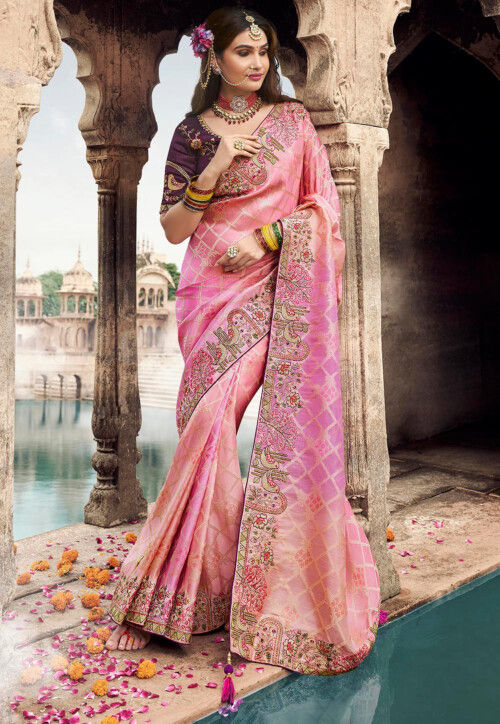 Woven Art Silk Saree in Pink and Peach