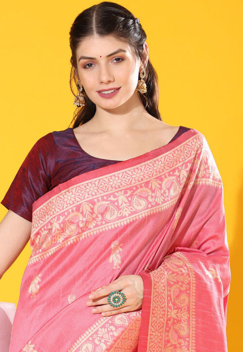 Woven Art Silk Saree in Pink