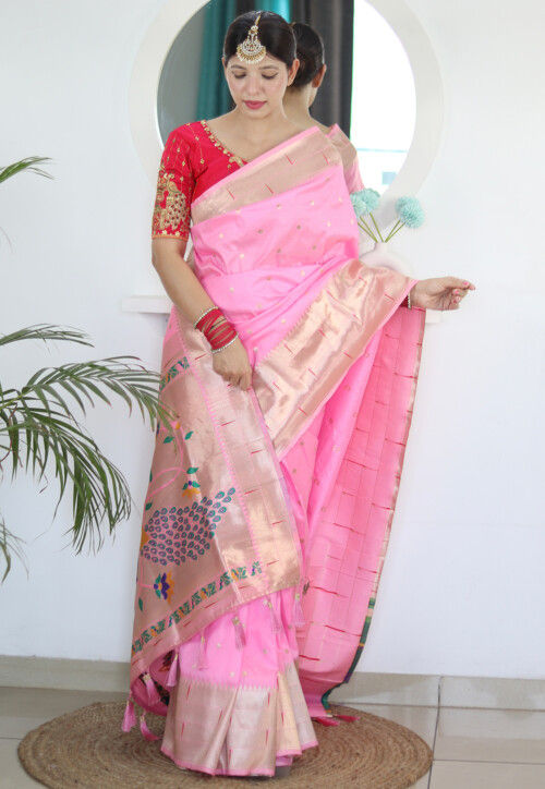 Woven Art Silk Saree in Pink