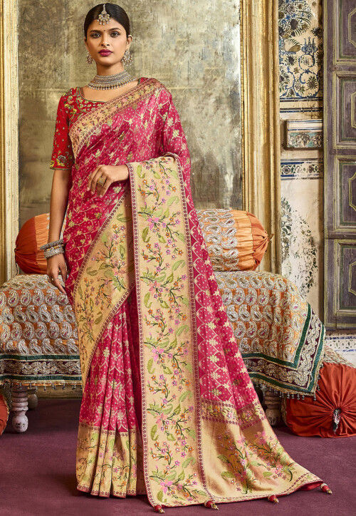 Peach Pink Art Silk Saree Sari fabric India Golden Border 