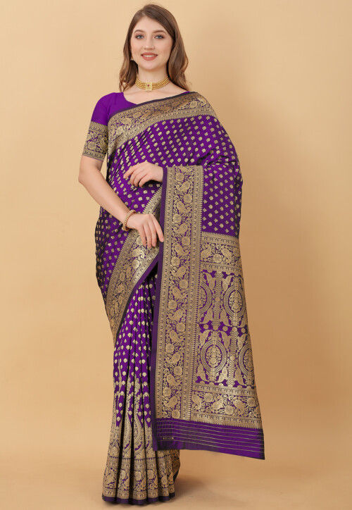 Prachi Desai Purple & Gold Sparkle Silk Embroidered Saree - Zakarto