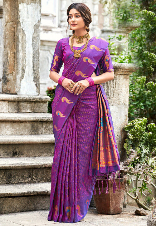 Banarasi Soft Cotton Silk Saree Antique Zari Weaving-Purple – Banarasikargha