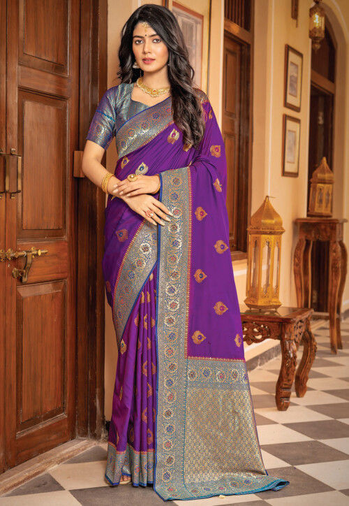 Traditional Look Purple Color Art Silk Fabric Weaving Work Saree With  Contrast Blouse