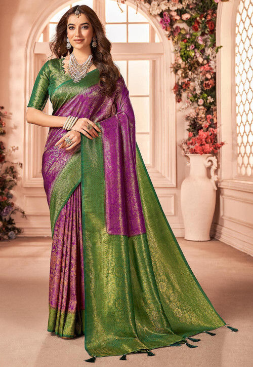 Women Stylish Flower Design Semi Silk Lavender Saree with Jari Border