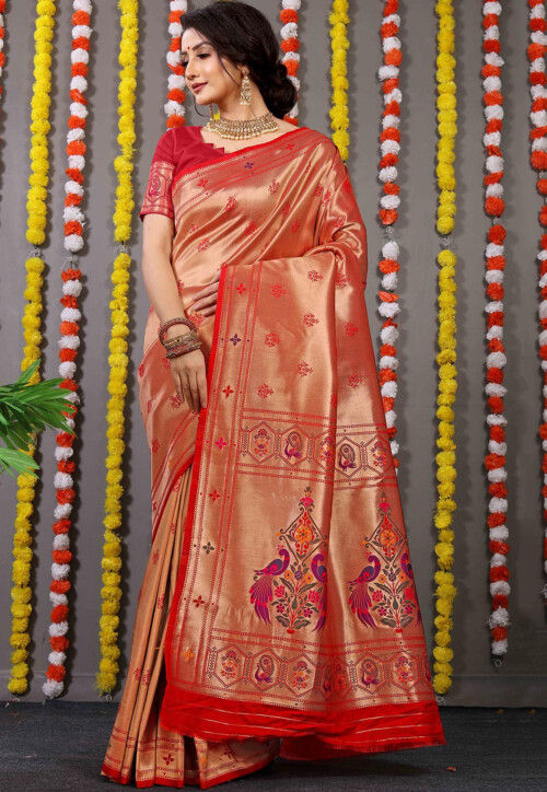 Woven Art Silk Saree in Red and Golden