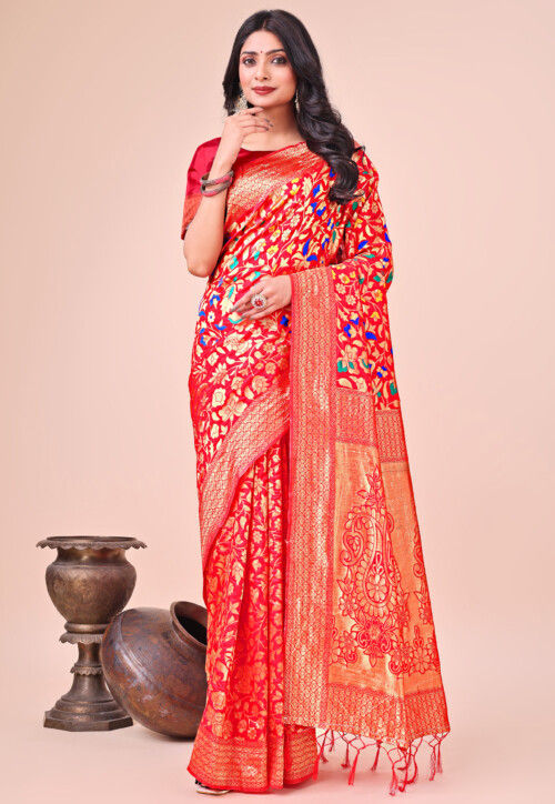 Woven Art Silk Saree in Red