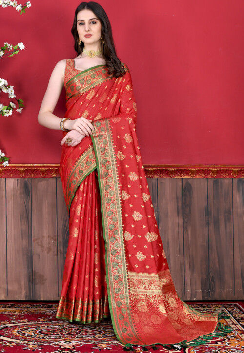 Red woven art silk saree with blouse piece - Samvegi Creation - 4174736