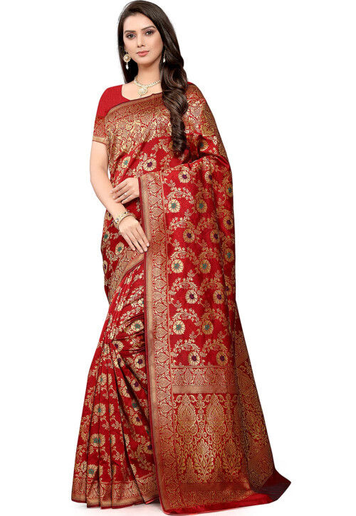 Woven Art Silk Saree in Red