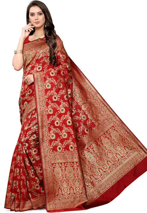 Woven Art Silk Saree in Red