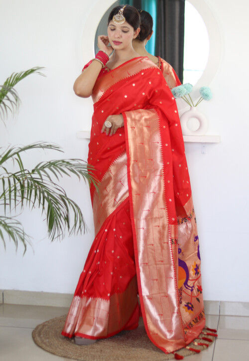 Woven Art Silk Saree in Red