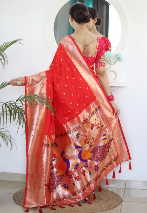 Woven Art Silk Saree in Red