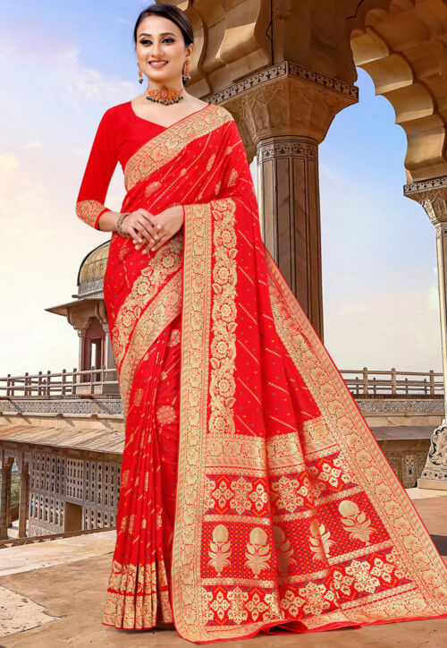 Red Color Patola with Foil Printed Dola Silk Saree - Clothsv