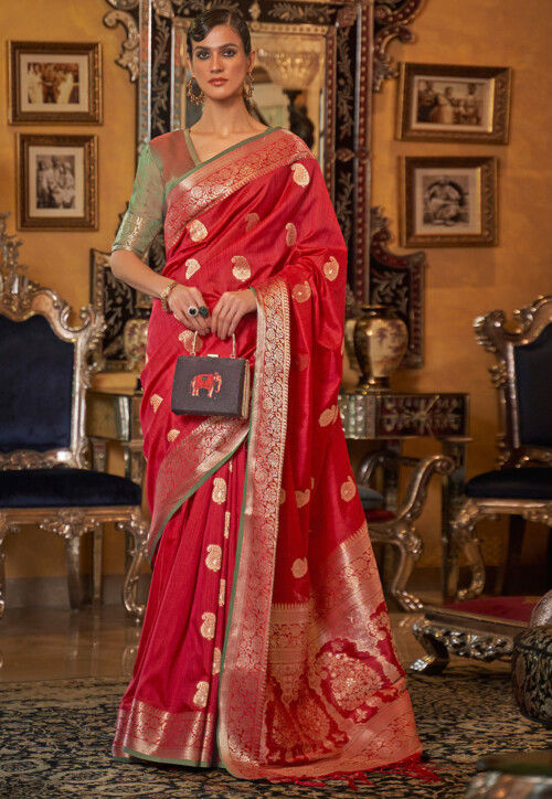 Spicy Red Art Silk Saree Sari fabric India Golden Border 