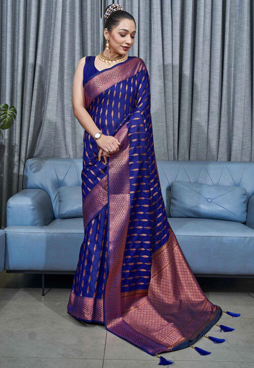 Royal Blue Woven Paithani Silk Saree – Zari Banaras