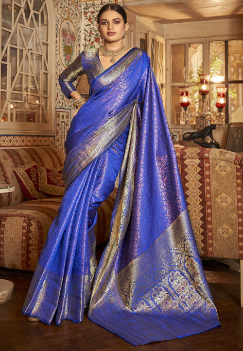 Shaded Regal Blue Designer Embroidered Silk Party Wear Saree