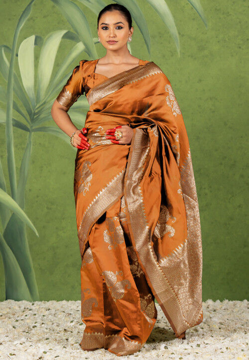 Woven Art Silk Saree in Rust
