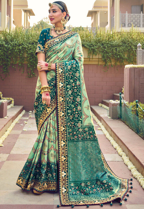 Buy Fascinating Teal Green Woven Silk Wedding Wear Saree - Zeel Clothing