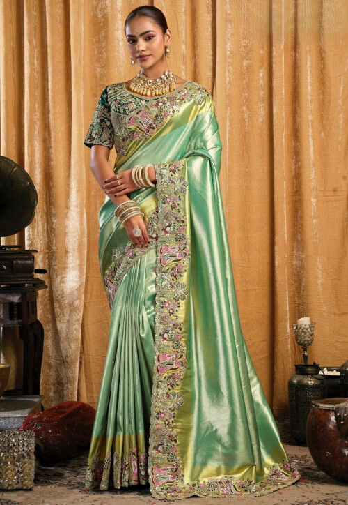 Woven Art Silk Scalloped Saree in Sea Green