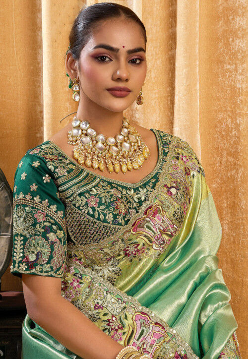Woven Art Silk Scalloped Saree in Sea Green