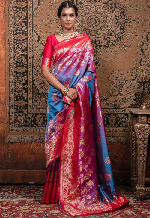 Pink Saree With Navy Blue Border Zari Getti Pettu Zari Border, Clamp d –  villvam