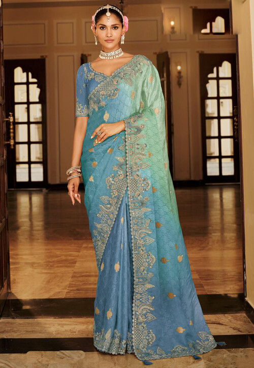Woven Art Silk Scalloped Saree in Shaded Blue